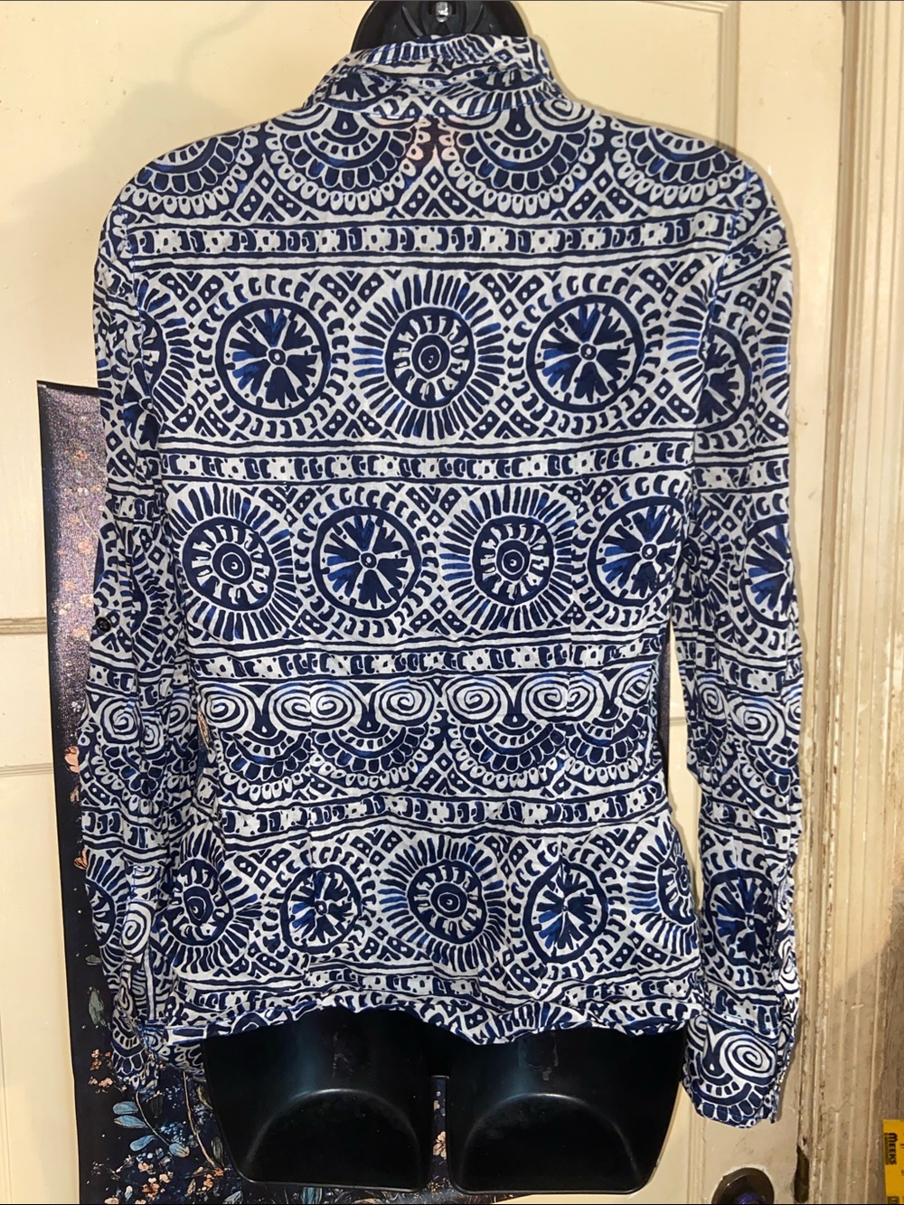 TORY BURCH GEO MEDALLION BUTTON DOWN SHIRT Navy Blue & Tan - Picture 4 of 7